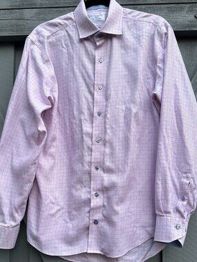 Lorenzo Uomo Men’s Dress Shirt 16 34-35 Trim Fit Pink Blue Check 100% Cotton